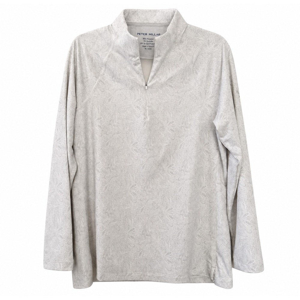 Peter Millar Golf Pullover Women Large 1/4 Zip Ivory Paisley UPF 50 Stretch